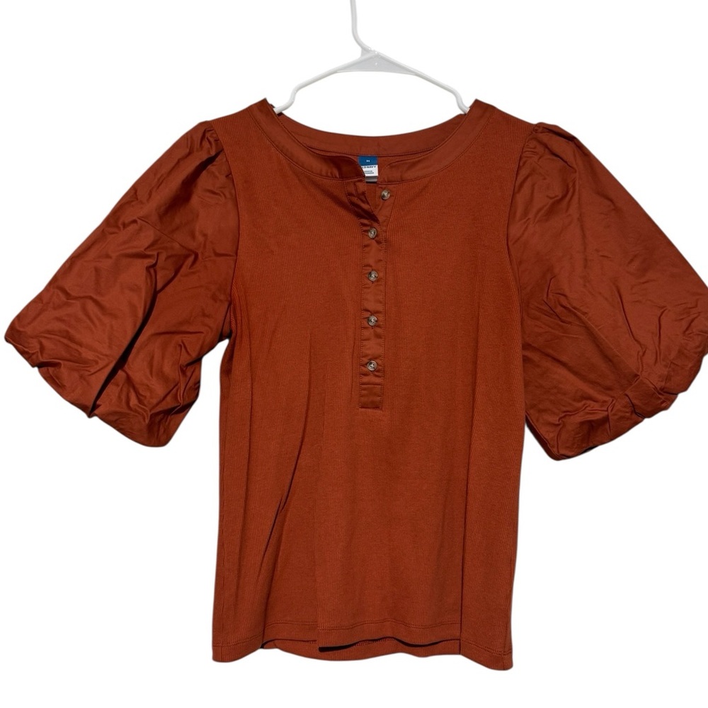 Old Navy Ribbed Puff Sleeve Henley Top‎ Size M Burnt Orange Fall Goblin Cottage